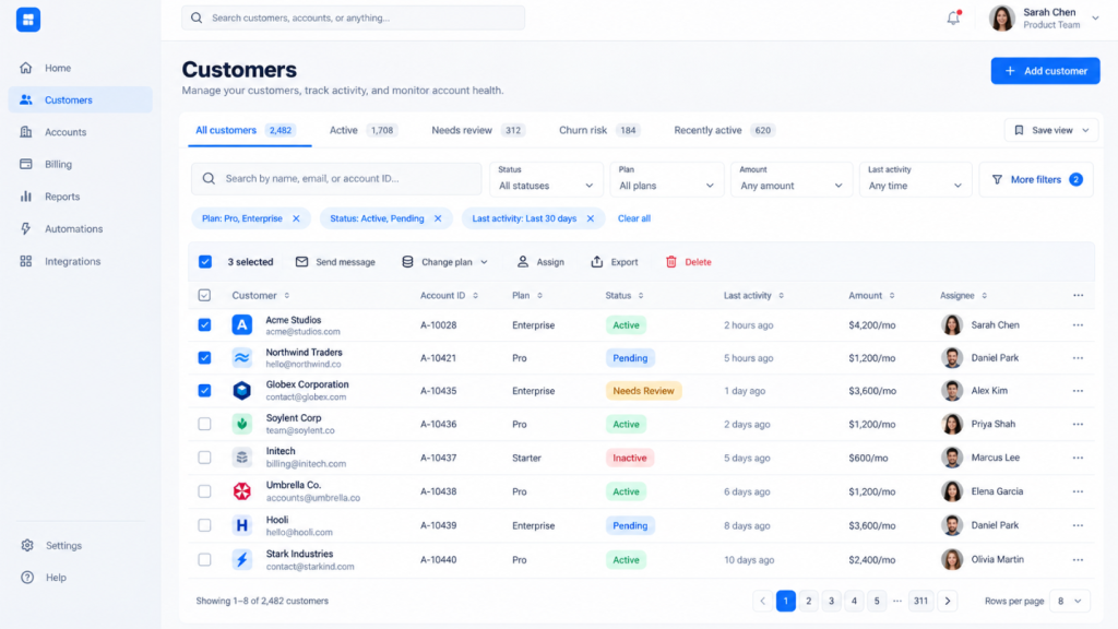 SaaS dashboard design example showing customer data table, filters, status badges, bulk actions and saved views