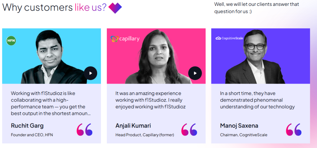 Client testimonials about F1 Studioz product and UX design work