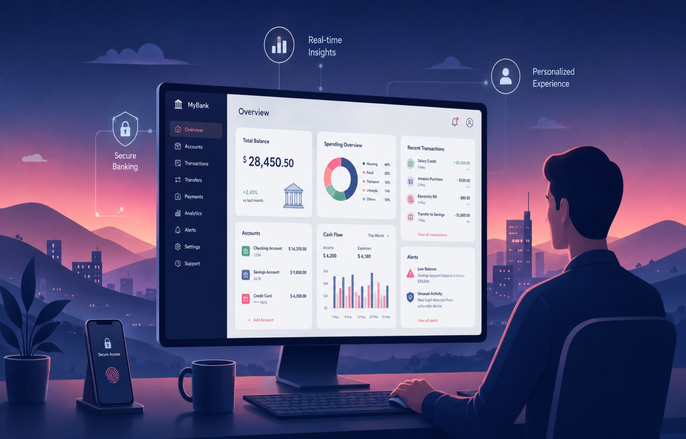 Modern banking dashboard with real time financial insights and secure user experience