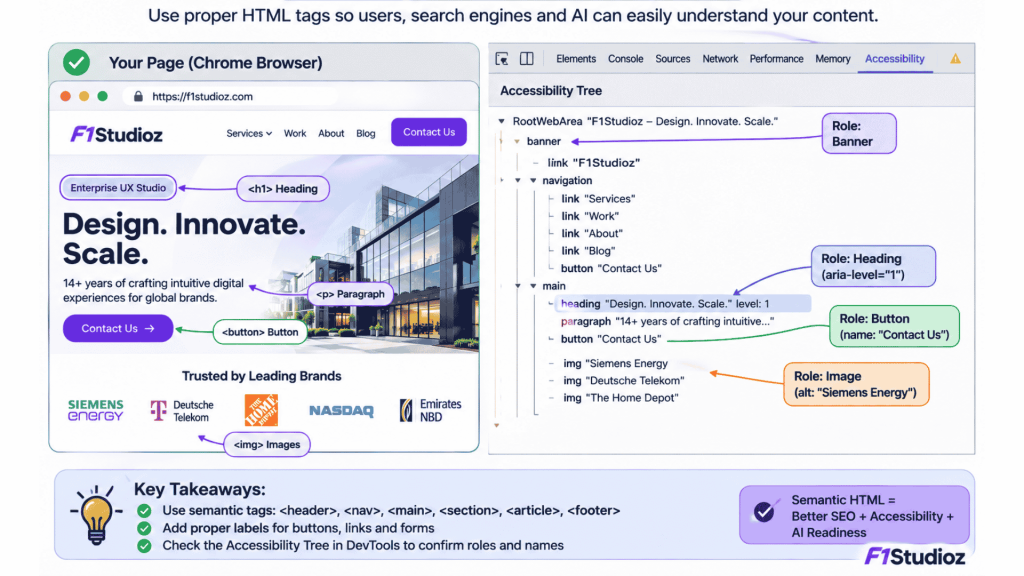 Accessibility tree in Chrome DevTools showing roles and labels