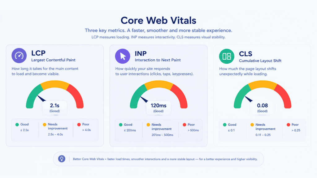 Core Web Vitals thresholds for LCP, INP and CLS
