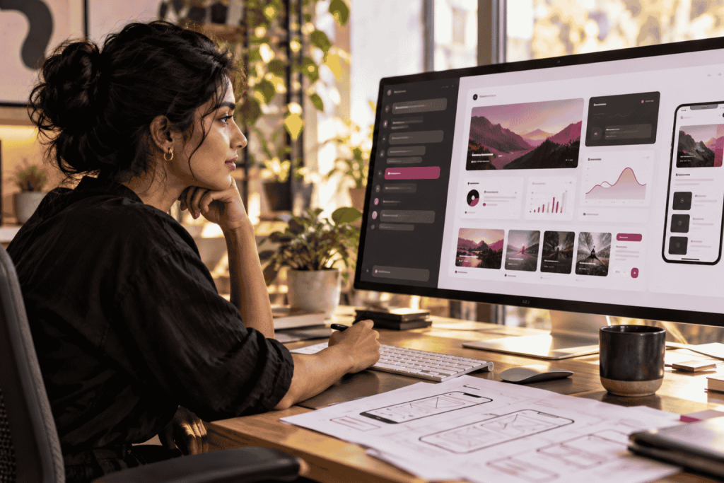 UX designer reviewing an AI-assisted dashboard concept