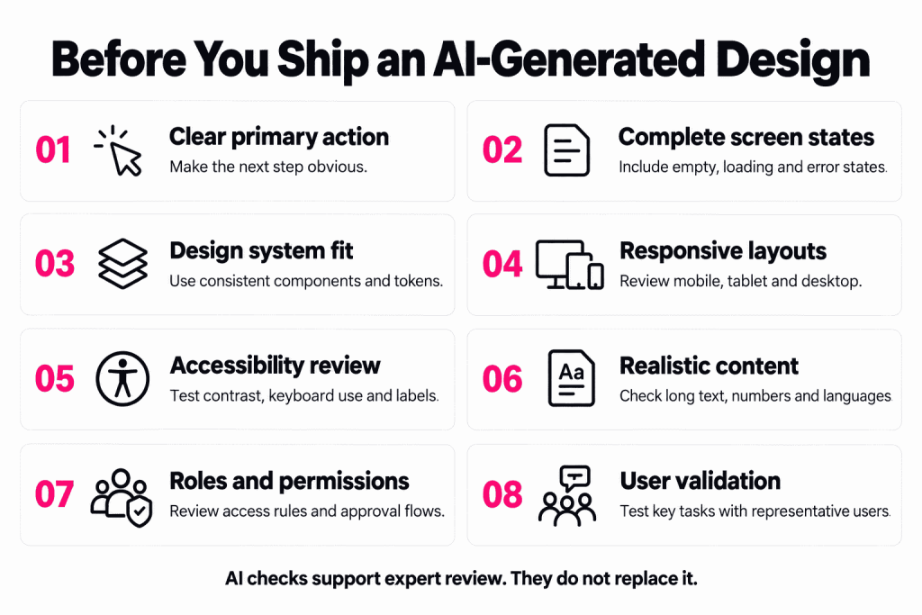 Eight checks for reviewing AI-generated designs before development