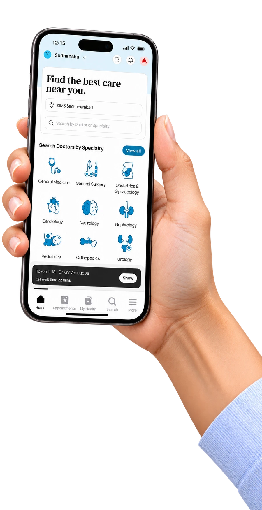 A hand holding up the KIMS app: the home screen, with token T-18 and a 22 minute wait