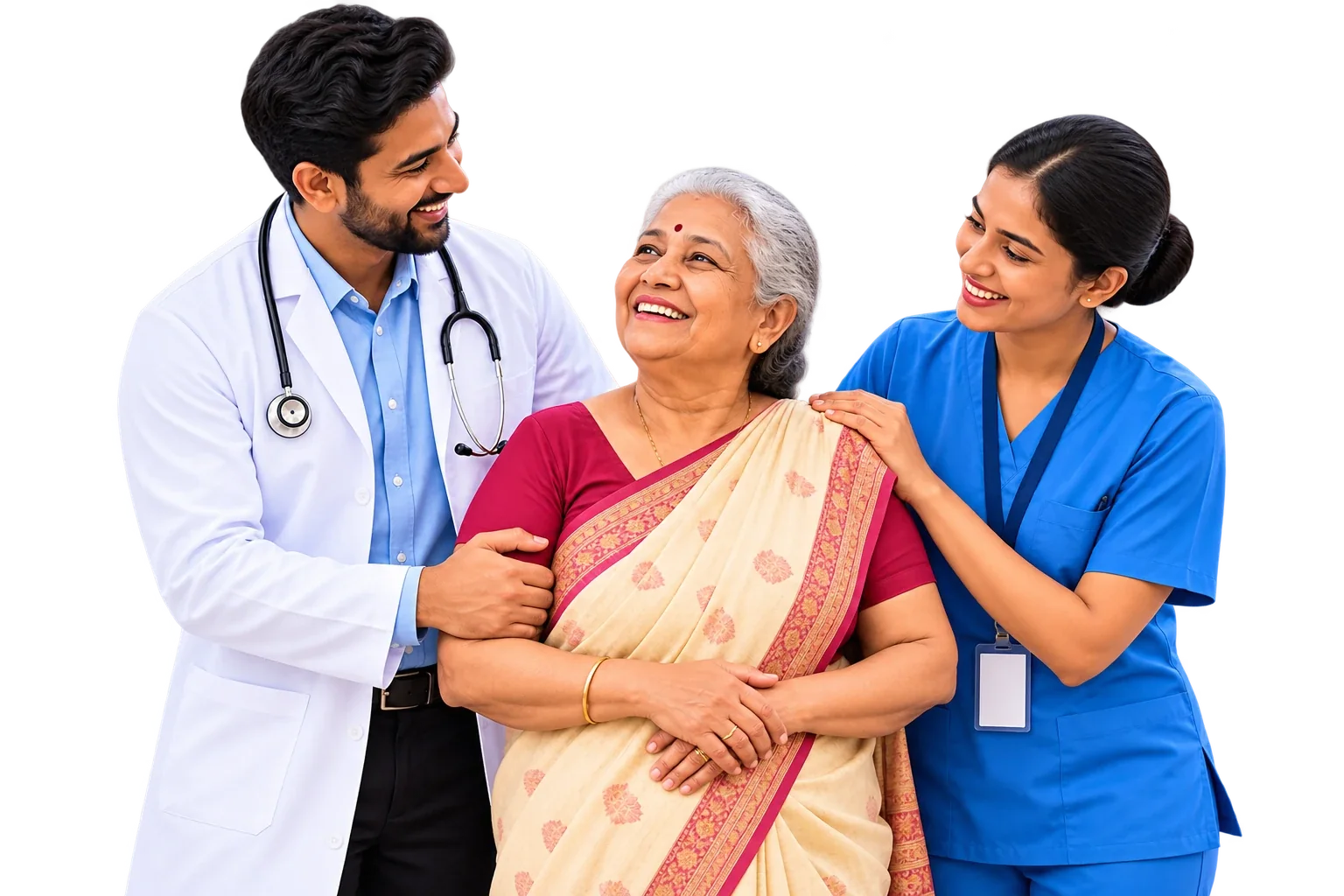 A smiling senior woman supported by her doctor and nurse
