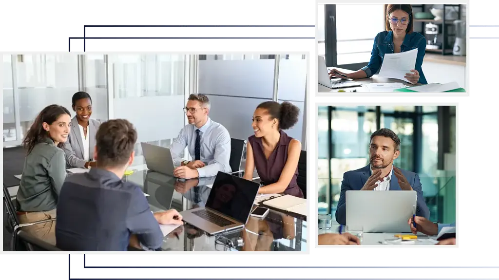 Business meeting with multiple people around a conference table